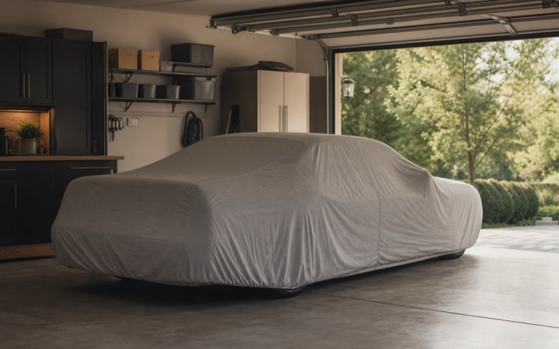 A sedan under a fitted car cover inside a tidy two-car garage
