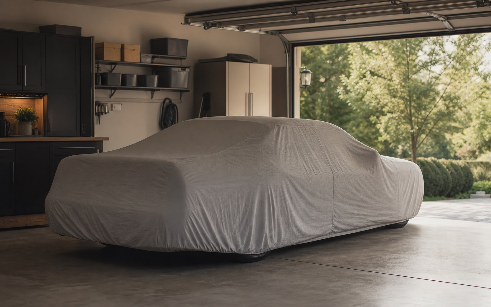 A sedan under a fitted car cover inside a tidy two-car garage