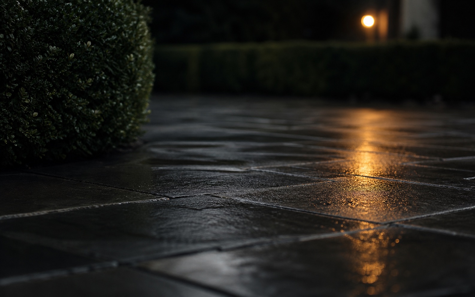 Wet bluestone driveway pavers at dusk with a warm porch light in the distance