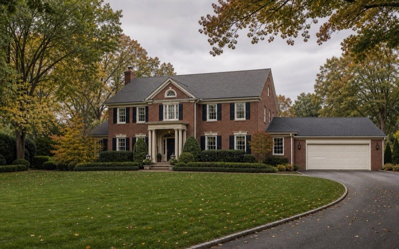 A quiet brick colonial house with a closed garage door in early autumn