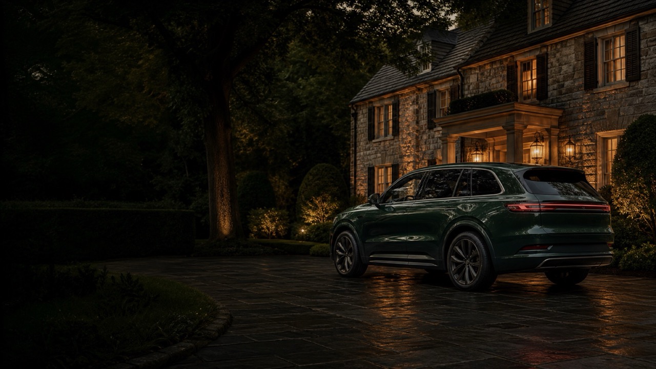 A dark green SUV parked on the driveway of a stone colonial home at dusk