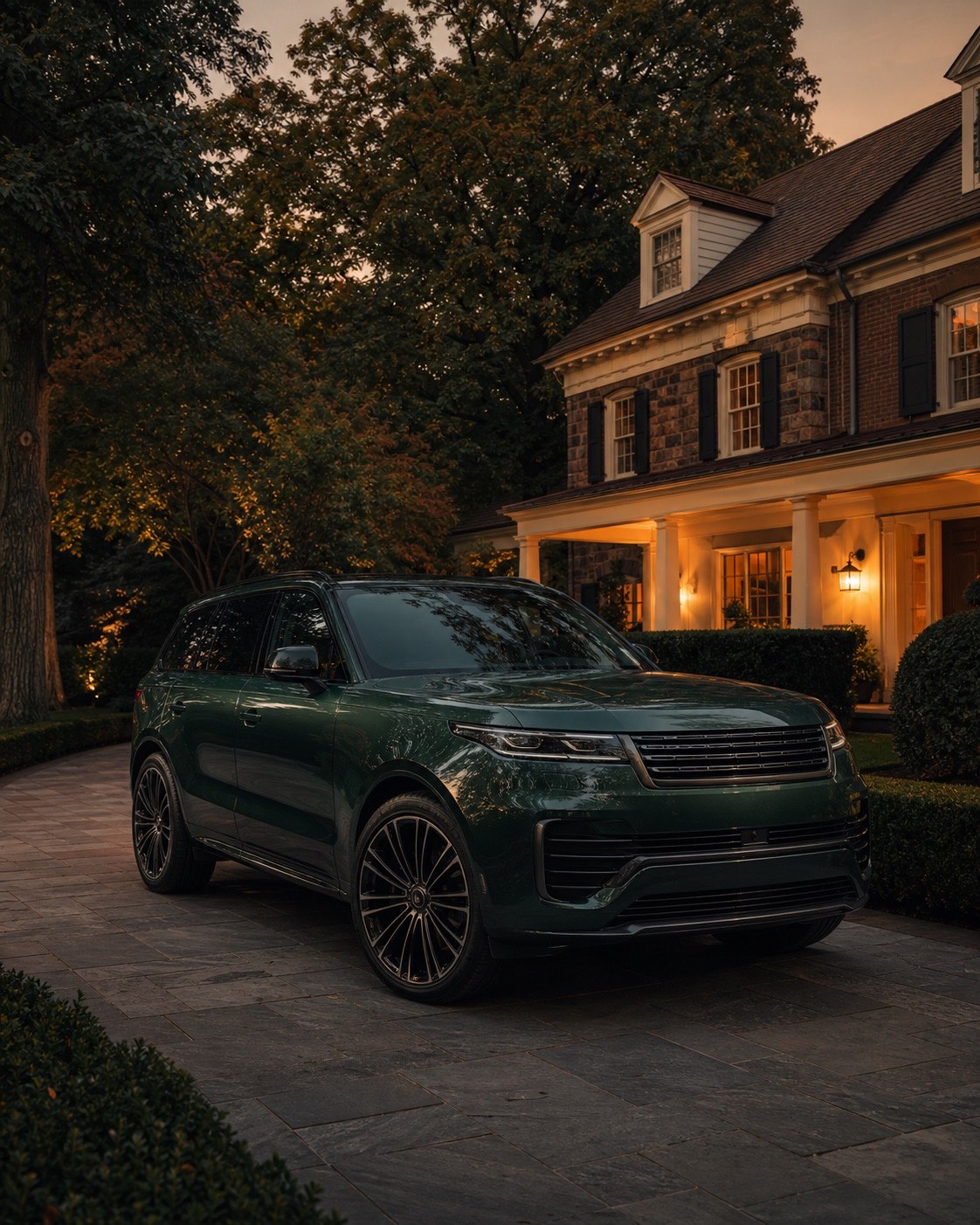 A dark green SUV parked on the driveway of a colonial home at dusk