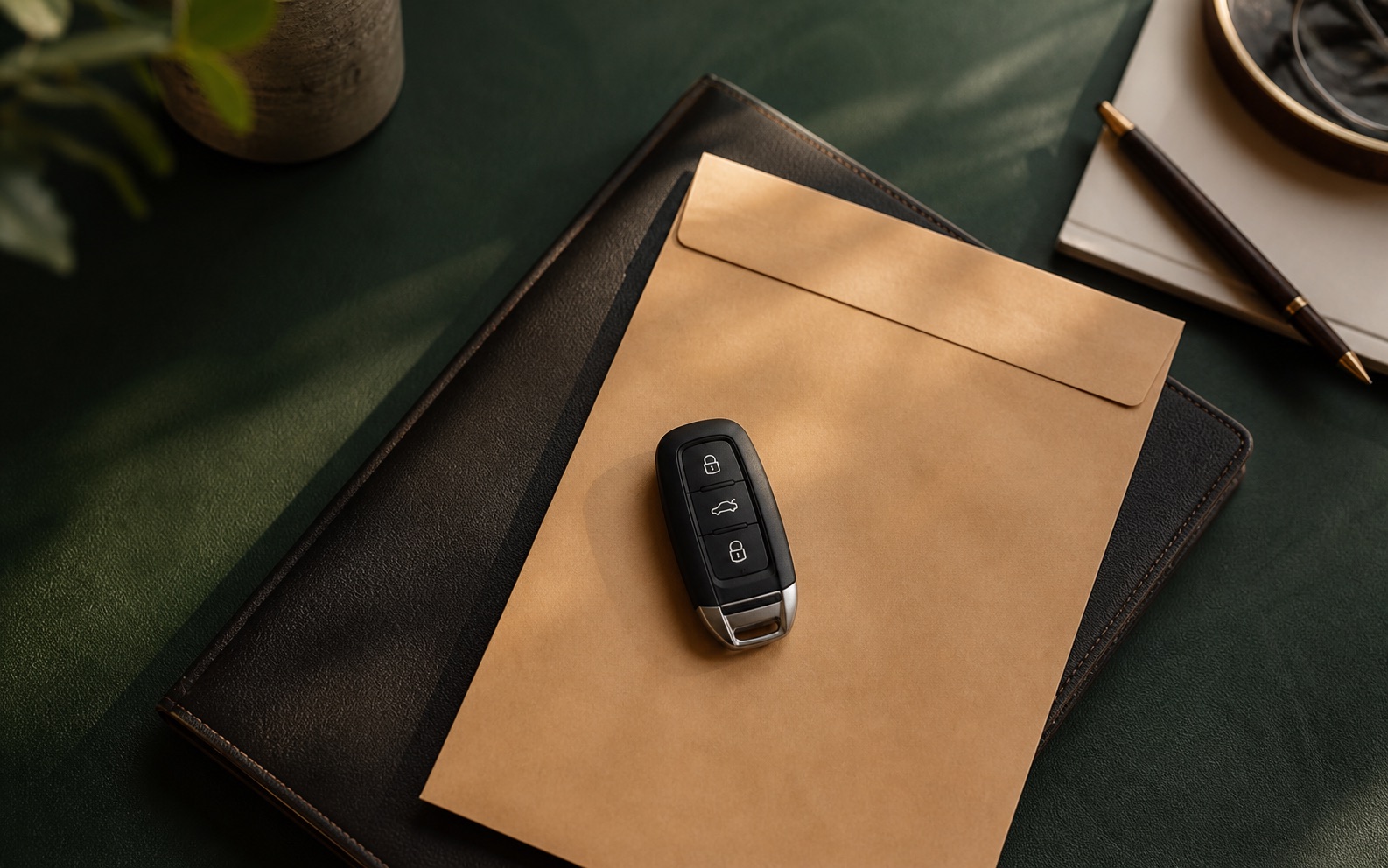 A car key fob resting on an envelope and a leather folio