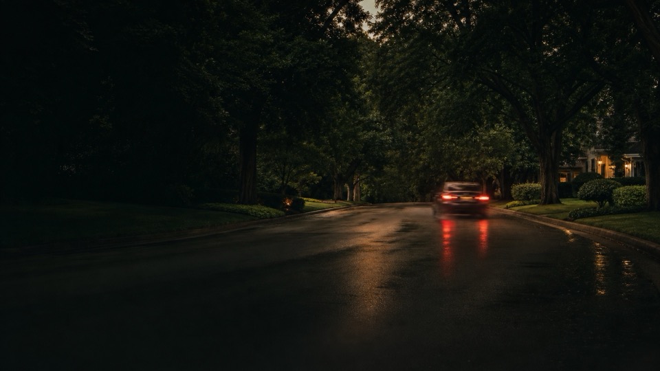 A car driving away down a tree-lined street at dusk, taillights streaking