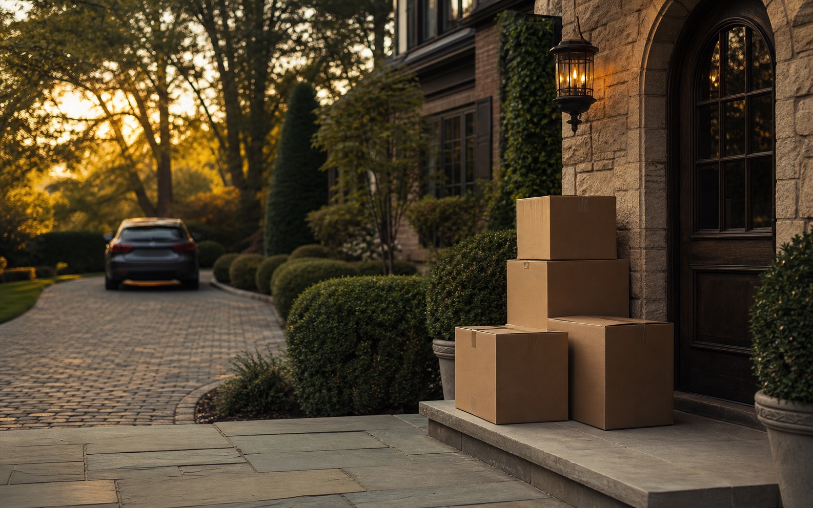 Moving boxes stacked outside a suburban front door with a car in the driveway