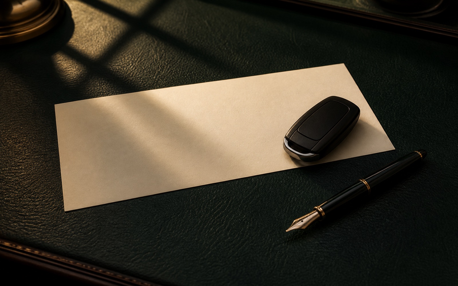 A blank cashier's check, a car key, and a pen on a green leather desk